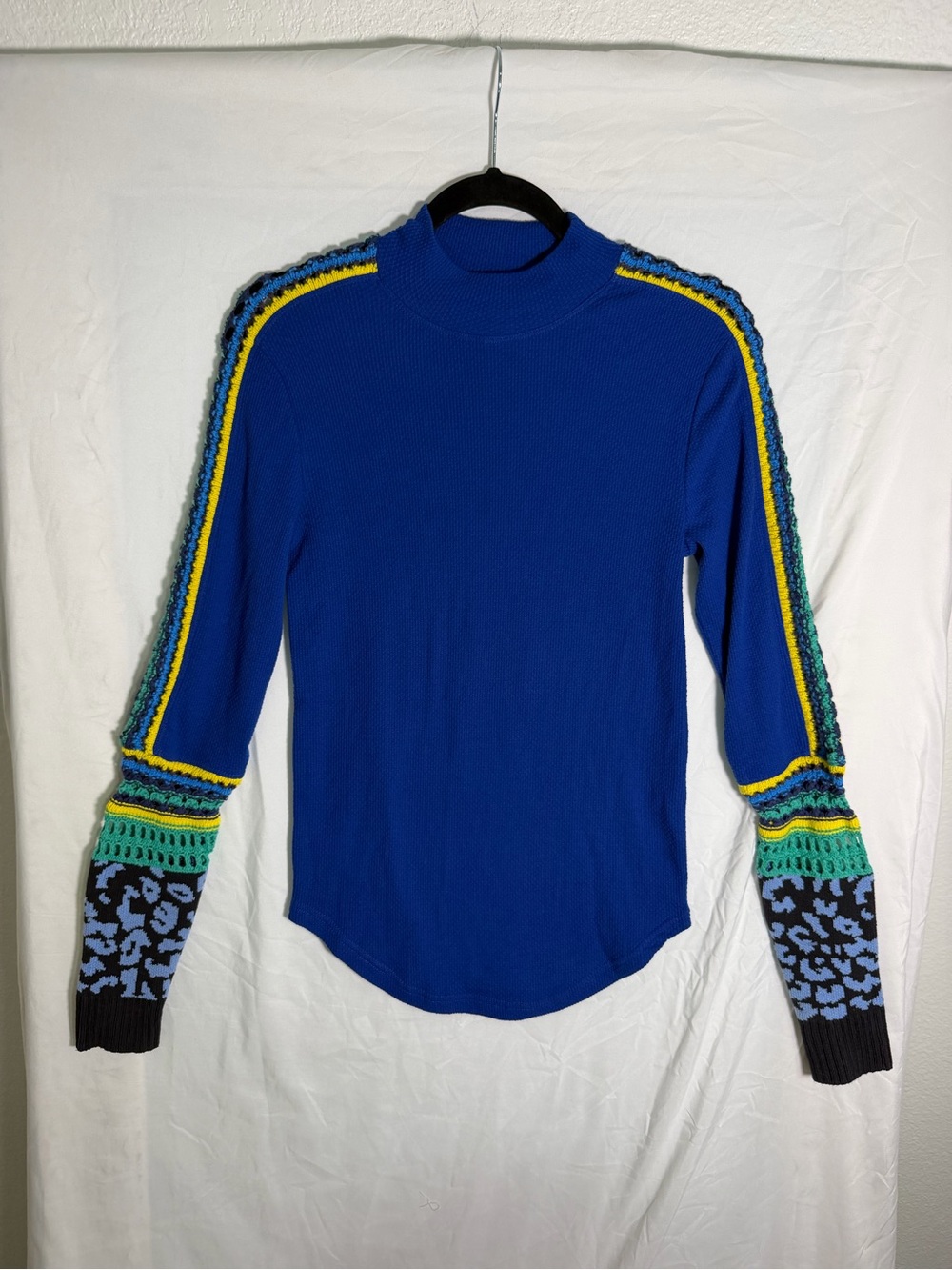 Free People Royal Blue Turtleneck Sweater with Multicolor Sleeve Accents
